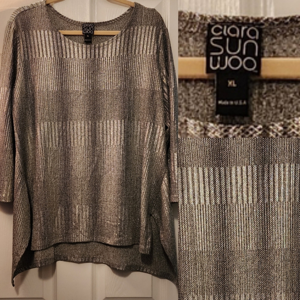 Clara Sunwoo Metalliac Asymmetrical Top • High Low Hem • 3/4 Sleeves • XL • USA